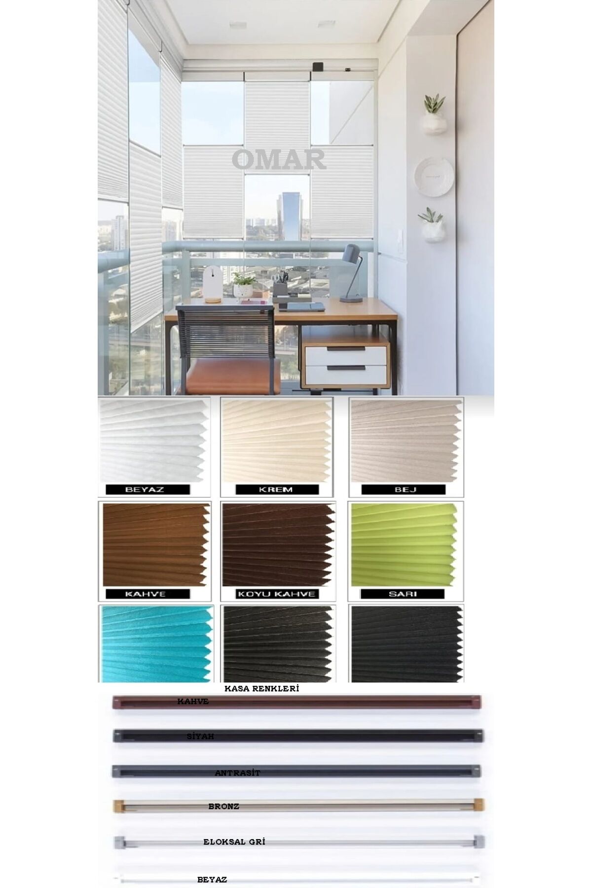 Plisell Cam Balkon Perdesi 12 Kumaş Rengi ( 5 - Kasa Rengi Seçenekkleri Ile )..